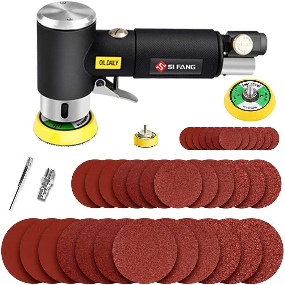 Mini Air Sander 1/2/3 Inch Pneumatic Small Orbital Sander for Auto Body Work, Mini Polisher with 45PCS Sanding Discs + 3PCS Backing Pads