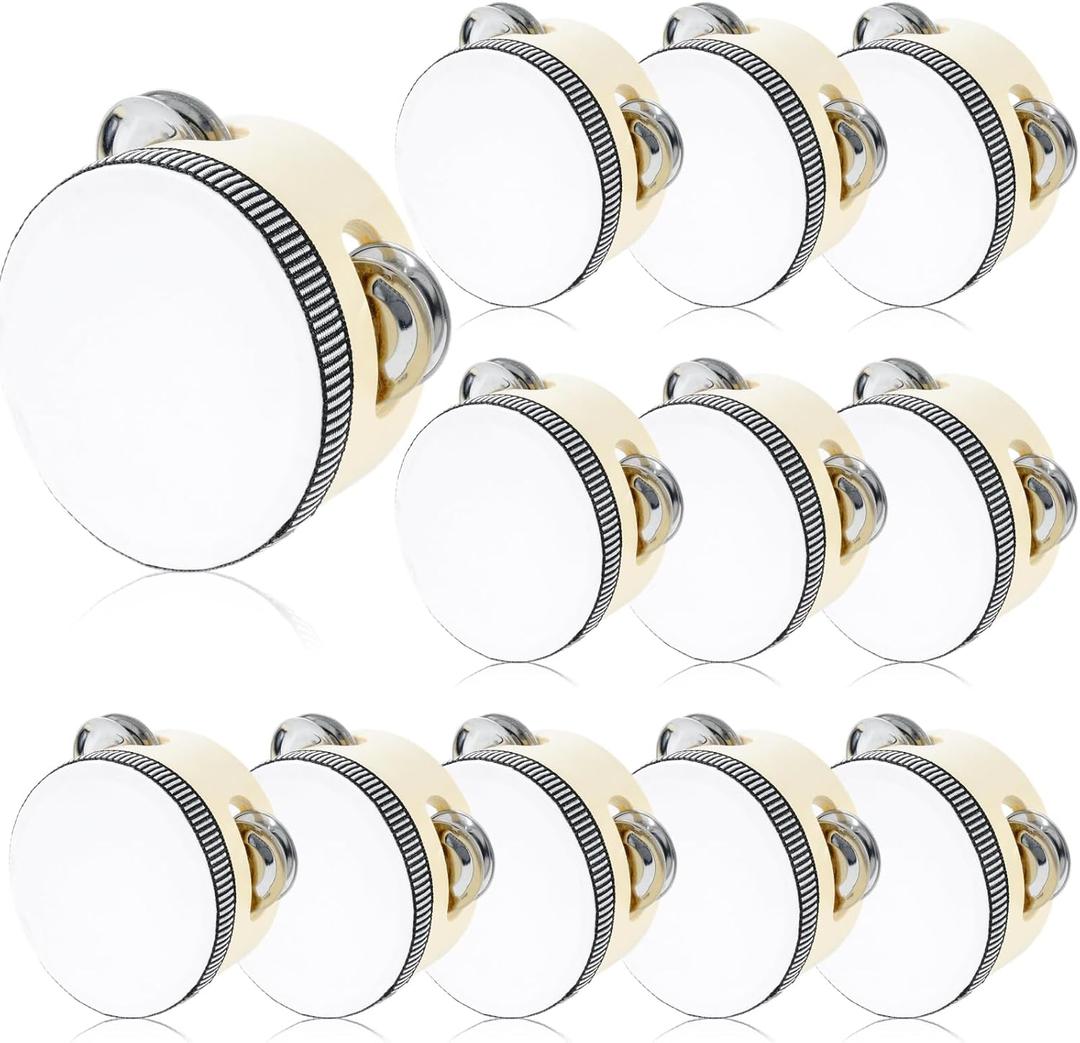 12 Set 4 Inch Wooden Tambourine for Adults, Hand Held Percussion Drum with Metal Jingles, Musical Educational Drums Instrument for Church Wedding Party Games (Wood)