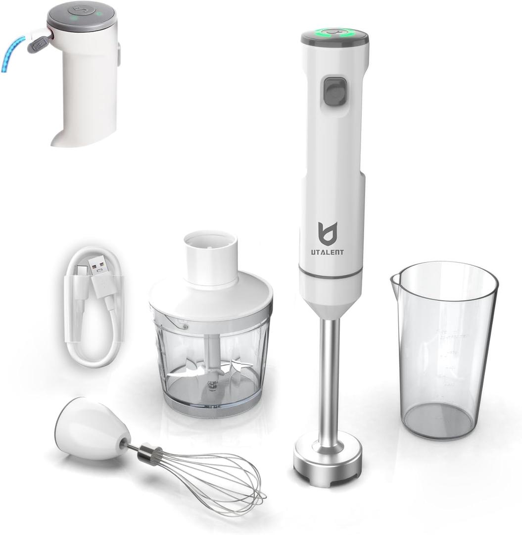Cordless Hand Blender, UTALENT Variable Speed Immersion Blender Rechargeable, with 500ml Chopper, 600ml container, Egg Whisk, for Smoothies, Baby Food and Soups  White