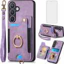 Phone Case for Samsung Galaxy S24 Plus S24+ 5G Wallet Cover with Tempered Glass Screen Protector and Wrist Strap Lanyard RFID Credit Card Holder Ring Stand Cell S24plus 24S + S 24 24+ Women Men Purple