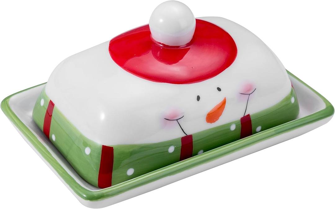 Ceramic Christmas Snowman Butter Dish with Lid - Christmas Thoughtful Gift Choice - Adorned with Festive Charm