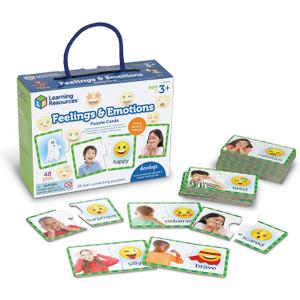 Learning Resources Feelings & Emotions Puzzle Cards, 48 Pieces, Ages 3+, Social Skills, speech therapy materials, Social Emotional Learning Toys and Games for Kids (Medium)