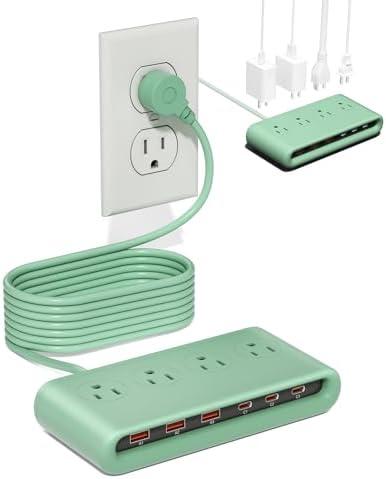 POANES 10 in 1 Flat Plug Power Strip with USB C, PD20W Fast Charging Station with 4 Outlets and 6 USB Port（3 Type C+3 USB A, 5ft Extension Cord, Non Surge Protector for Travel (Green)
