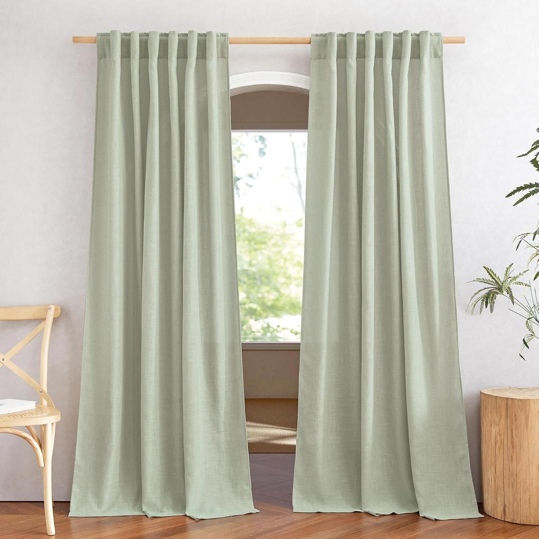 NICETOWN Sage Green Curtains for Living Room, Rod Pocket & Back Tab Natural Linen Blend Semi Sheer Window Treatments Privacy with Light Filtering for Bedroom/Nursery, W52 x L84, 2 Panels