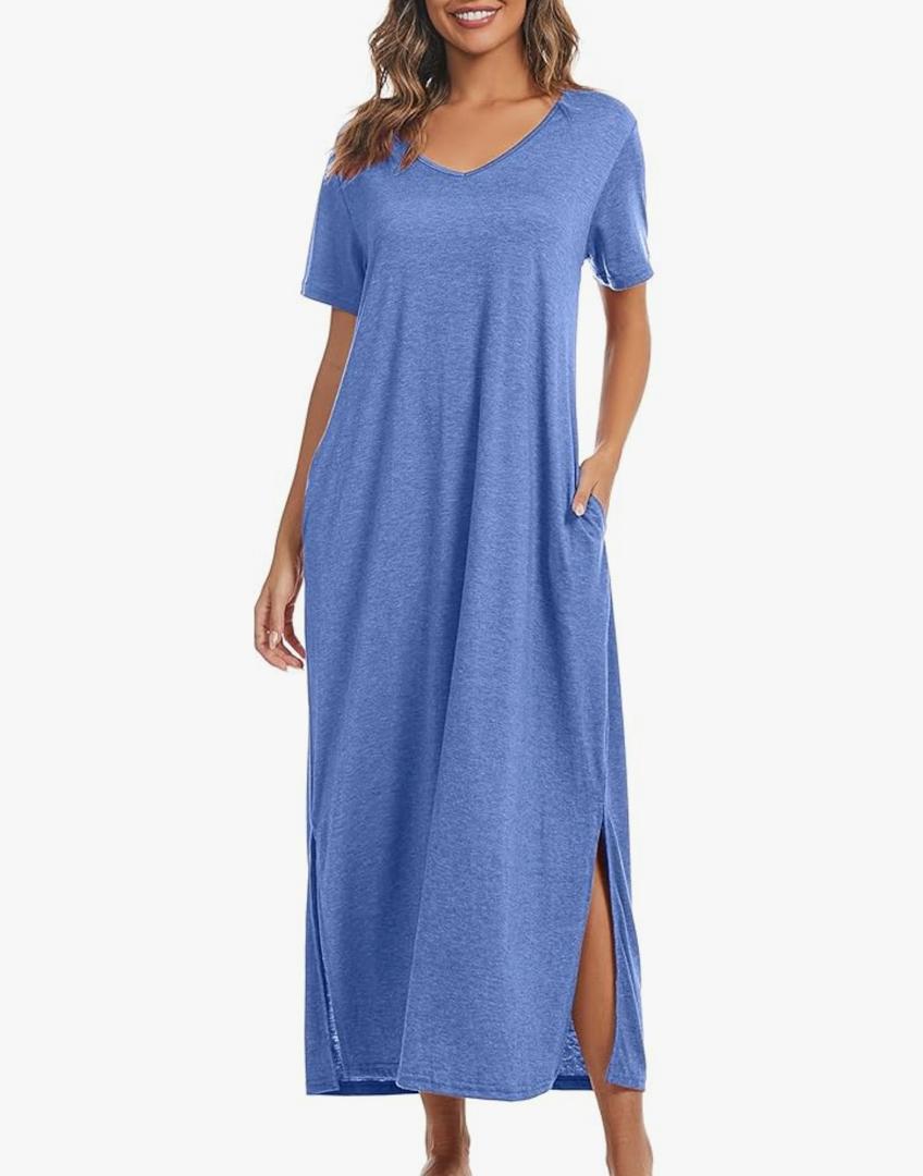 Marvmys Women Short Sleeve Nightgown Cotton Long Nightshirts with Pocket,S