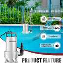 Sump Pump Submersible 1HP Dirty/Clean Water Transfer Pump 4500GPH Portable Electric Water Pump for Pool Draining Hot Tub Flooded Basement Ponds Garden Yard with Adapters