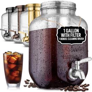 Zulay Kitchen 1 Gallon Cold Brew Coffee Maker  Glass Pitcher with Stainless Steel Filter, Airtight Lid & Spout  Large Iced Coffee & Tea Brewer for Refrigerator  Durable Extra-Thick Glass (Silver)