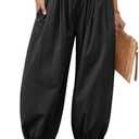 Cicy Bell Womens Baggy Pleated Harem Pants Summer Elastic High Waisted Wide Leg Balloon Cotton Lounge Pants (Medium, Black)