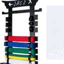 Wall Karate Belt Display Rack with Medal Hanger and Stickers, Black Martial Arts Belt Display Holder, 8 Belt Taekwondo Belt Display Hanging Holder for Kids and Adults