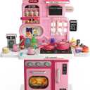 Play Kitchen Set, Kids Kitchen Playset with Realistic Sound & Light, Cooking Stove, Sink, Play Food and Accessories, 57 Pcs Kitchen Toys Gifts for Toddlers 2-4 3-5 Girls (Pink)