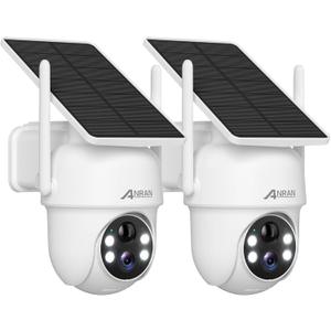 ANRAN Solar Security Cameras Wireless Outdoor,2K Cameras for Home Security with Fixed Solar Panel, 360 PTZ for Home Surveillance,2.4G WiFi, PIR Human Detection, 3MP Color Night Vision, 2 Pack