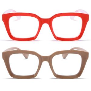 REAVEE 2 Pack Oversized Reading Glasses for Women Men Blue Light Blocking, Ladies Stylish Retro Square Large Computer Readers (Red/Coffee 2.25x)