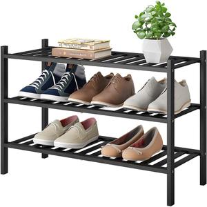 Shoe Rack, 3-Tier Bamboo Stackable Shoe Shelf Storage Organizer, Shoe Stand for Closet, Entryway and Hallway (Black)