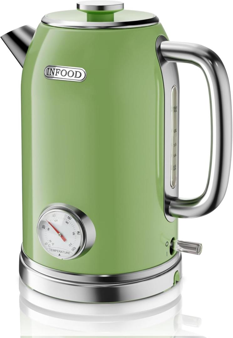 INFOOD Retro Electric Kettle, 1.8L Hot Water Kettle Electric with Thermometer, 1200W Fast Heating Stainless Steel Tea Kettle for Boiling Water, Cordless, LED Indicator, Auto Shut-Off, Green