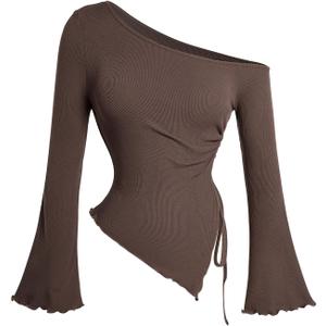 Milumia Women's Ribbed Knit One Off The Shoulder Asymmetrical Long Bell Sleeve Tops Y2K Going Out Tee Shirt Tops (Medium, Brown)
