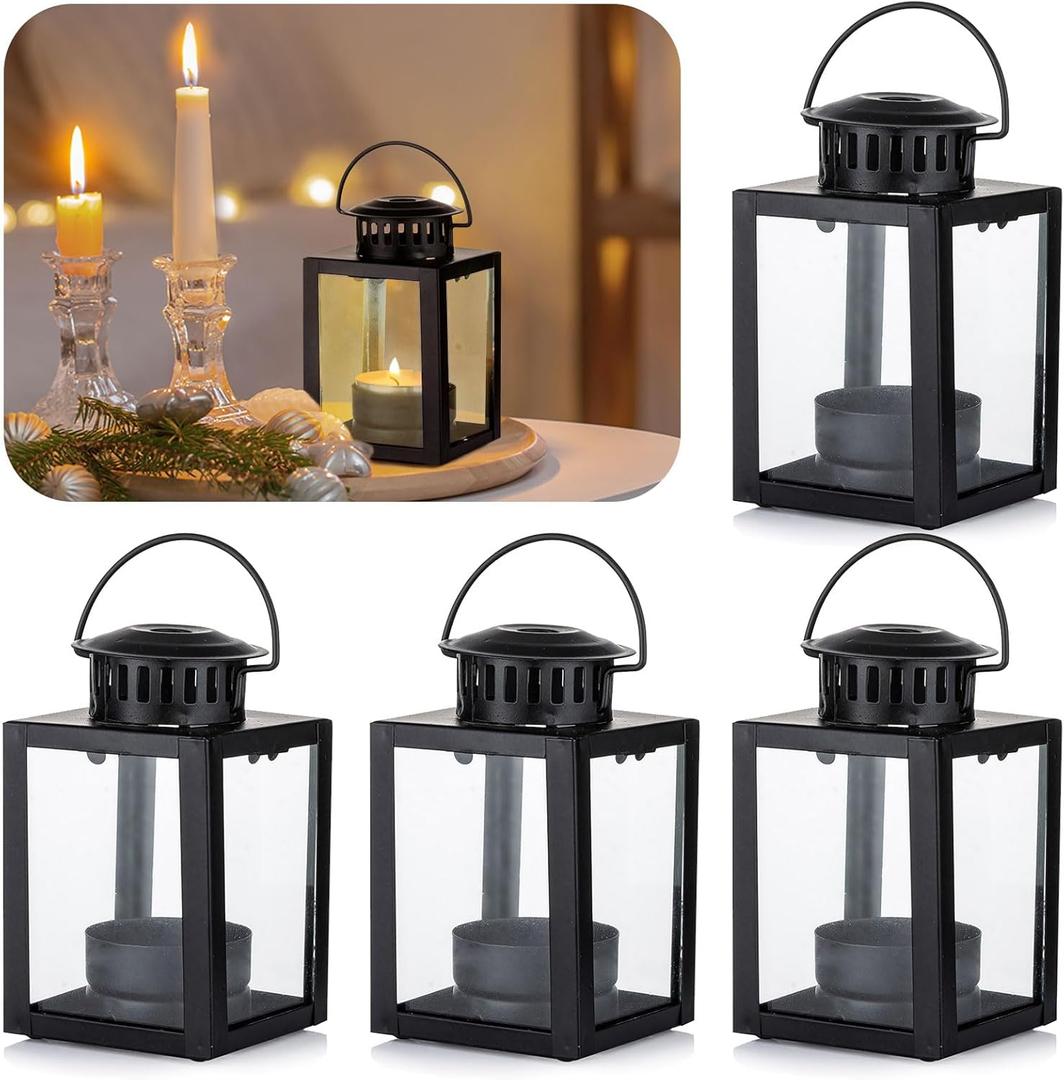 Small Candle Lanterns Decorative Outdoor: 4 Pcs Black Hanging Tea Lights Candle Holder for Table Centerpiece Fireplace Wedding Christmas 3.9" Glass Farmhouse Decor