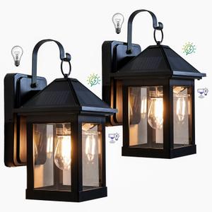 2 Pack Solar Outdoor Wall Lights for Fence Front Door Waterproof Dusk to Dawn Motion Sensor LED Sconce with 3 Modes,3000K E26 Bulb Included,Exterior Porch Lamps Wall Mount Patio Decorative
