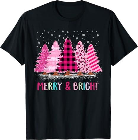 Merry and Bright Pink Christmas Tree Cute Xmas Costume Women T-Shirt M