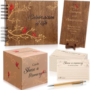 Engrowtic 64 Pcs Funeral Guest Book Set Celebration of Life for Memorial Service in Loving Memory 60 Share a Memory Card Card Box Table Sign and Pen for Memorial Service(Wood,Cardinal)
