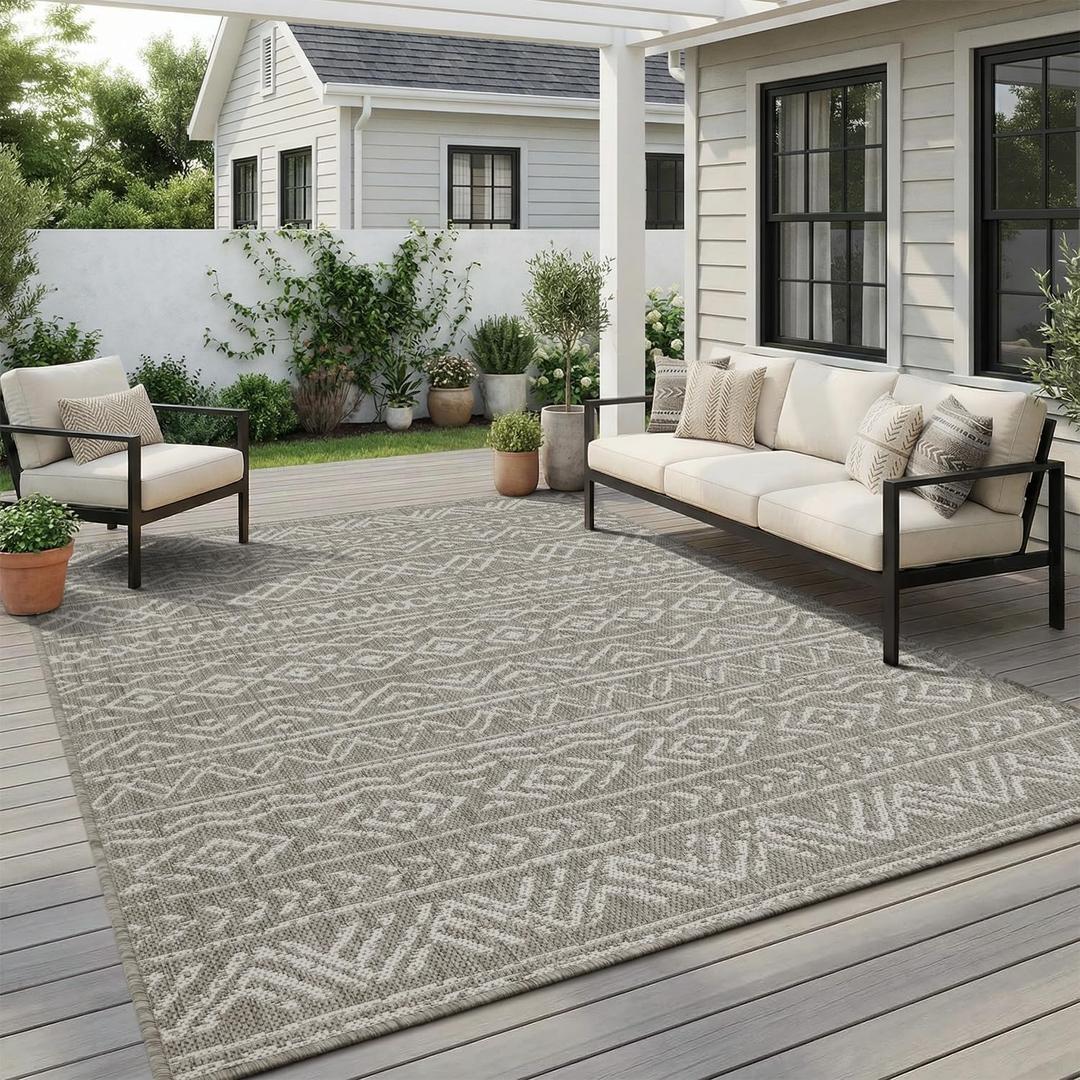 MontVoo-Outdoor Rug-Patio Rug 5x7 ft Polypropylene Indoor Outdoor Rugs Outdoor Carpet for Patio Deck Balcony Porch, Textured Weave, Durable for High Traffic, Fade-resistant, Boho Farmhouse Silver Grey