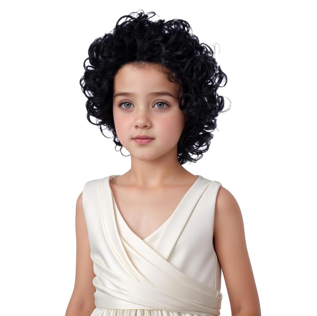Black Wig for Child Girls Short Black Curly Wavy Wig Kids Party Cosplay Wigs Heat Resistant Synthetic Wigs with Cap