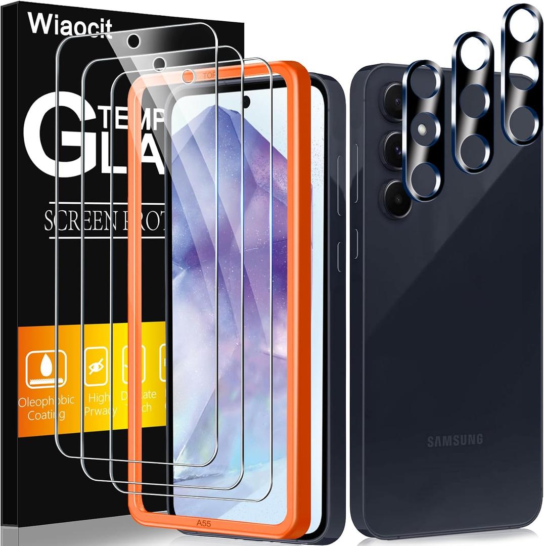 Wiaocit Tempered Glass Screen Protector for Samsung Galaxy A55 5G | 3+3 Pack, 9H Hardness, Camera Lens Protector, Installation Frame, Bubble Free, Case Friendly
