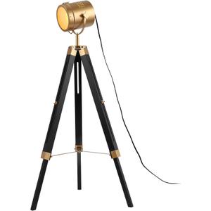Mordern industrial tripod floor lamp for living room, bedroom office, vintage gold brass standing reading light floor lamp with camera tripod wood, rotatable nautical spotlight standing lamp black