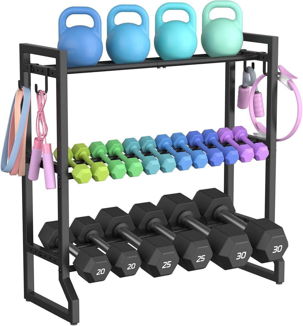 VOPEAK 3-Tier Adjustable Dumbbell Rack, 31-Inch Weight Rack for Home Gym with 4 Hooks, Home Gym Storage for Kettlebells, Space-Saving Dumbbell Stand - 400LB Capacity (Rack Only)