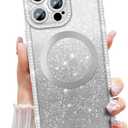 Misscase Magnetic Glitter Case for iPhone 16 Pro 6.3 Inch, Camera Protection, Compatible with MagSafe, Rectangle Cute Bling Sparkle Diamond Colorful Phone Cover, Drop-Tested & Shockproof-Silver