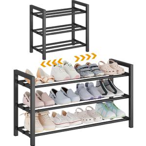 Detsuk 3-Tier Expandable Shoe Rack Adjustable Heavy-Duty Metal Shoe Organizer Shelf for Closet, Entryway, Mudroom & Garage Durable Freestanding Storage, Black