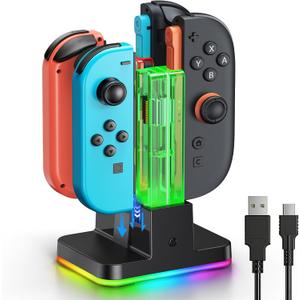 Switch 2/1 Controller Charger, 8 in 1 Charger Dock Station for Joy Cons Accessories Kits with a USB Type-C Charging Cord for Nintendo Switch (Black)