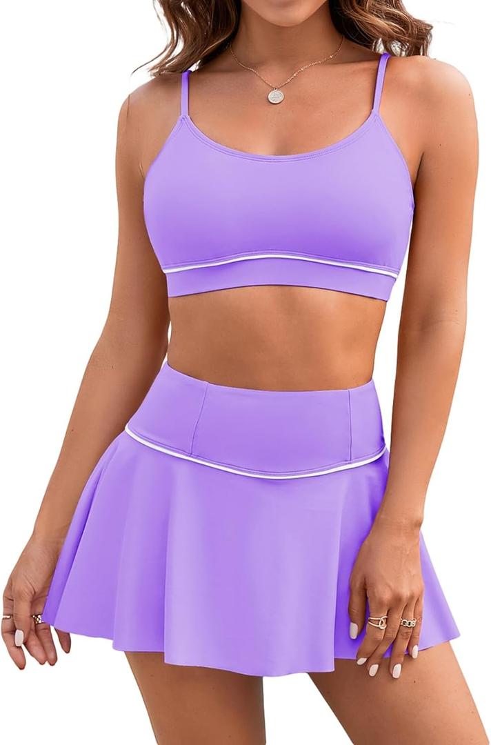 Pink Queen 2025 High Waisted Bikini Set for Women 2 Piece Swimsuits Scoop Neck Spaghetti Straps Swim Skirt Bathing Suits (Small, Light Purple)