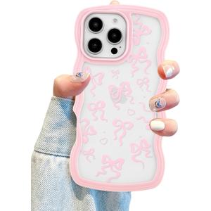 Aitipy for iPhone 13 Pro Max Case, Wavy Frame Cute Ribbon Bowknot Pattern Aesthetic Transparent Back Soft TPU Shockproof Phone Case for Women Girls, Pink