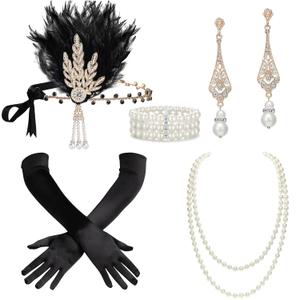 BABEYOND 1920s Accessories for Women - Great Gatsby Accessories Flapper Headband Headpiece Pearl Necklace Gloves for Women (Black)