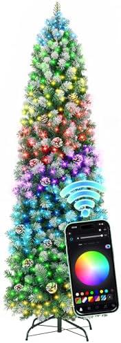 HOLLO STAR 5 ft Prelit Christmas Tree with 233 LED Lights, App Control, Slim Pencil Christmas Tree, Multi-Color RGBW Lights, 588 Flocked Frosted Tips, Xmas Tree, 51 Pine Cones, for Home, Party