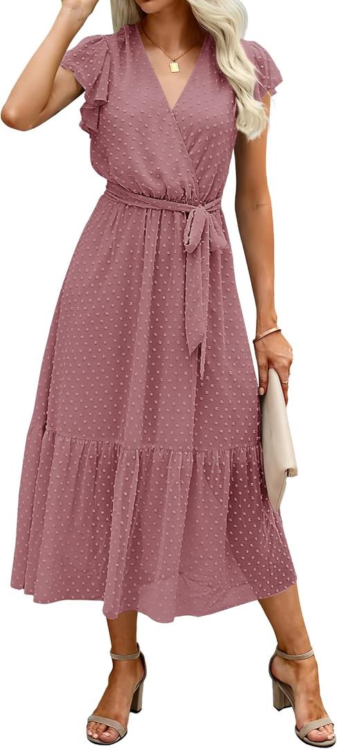 BTFBM Women Summer Bohemian Floral Casual Wrap V Neck Ruffle Cap Sleeveless Belt A-Line Pleated Hem Midi Sun Dress White (Swiss Dot Bean Paste Red)