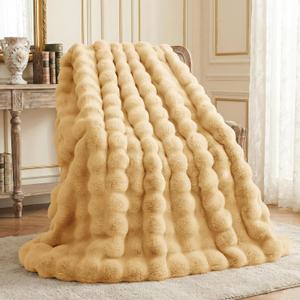 L'AGRATY Faux Rabbit Fur Blanket: 60" x 80" Twin Luxury Soft Fluffy Thick Fur Throw Blanket for Couch Bed - Cozy Plush Bubble Blankets for Winter: Flannel Fleece Decorative Blanket(Milk Tea Brown)