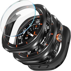 LETOID 3 in 1 Metal Case for Samsung Galaxy Watch Ultra/Ultra 2 Screen Protector 47mm, Stainless Steel Protective Bumper Face, Hard PC Back Cover and 9H Tempered Glass Film for 7 Ultra & 8 Ultra (Black/Orange)