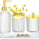Bathroom Accessories Set, 4Pcs Clear and Gold Glass Bathroom Accessories Sets Complete w/Lotion Soap Dispenser, Toothbrush Holder, Apothecary Jar, Vanity Tray, Bathroom Decor