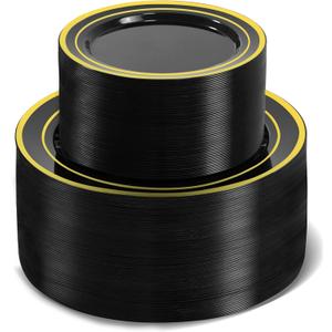 200 PCS Black and Gold Plastic Plates, Party Black Disposable Plates Include 100 10 inch Dinner Plate and 100 7 inch Dessert Plate,black gold rim plates Perfect for Party & Wedding