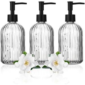 3 Pack Glass Soap Dispenser with Rust Proof Pump, 14 Oz Refillable Liquid Soap Dispenser for Bathroom & Kitchen (Grey)