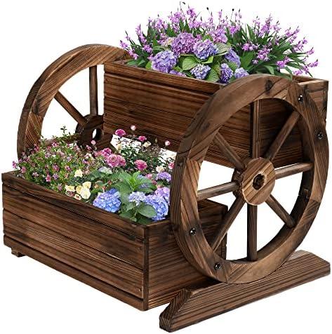 OIPRTGFJ Wooden Wagon Planter Box, Garden Planter with Wheels,Decorative Planter for Flowers Herbs Vegetables for Indoor & Outdoor Décor, Flower Cart for Patio Garden Balcony