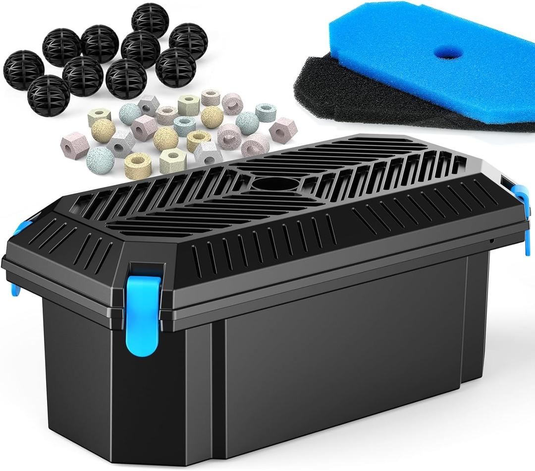 POPOSOAP Pond Filter for Outdoor Ponds, Filter Box with 2 Filter Pads and 20 Bio-Balls for Outdoor Pond Pump Submersible Fountain Pump