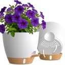 Self Watering Pots with Drainage Holes, 2 Pack 10 Inch Plant Pots with Water Level Indicator Deep Reservoir, Large Plastic Planter for Indoor Outdoor Plants - White Brown