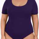 Lastshe Women Plus Size Bodysuit Short Sleeve Scoop Neck Casual Slim Fit Stretchy Bodysuits (Purple, XXL)