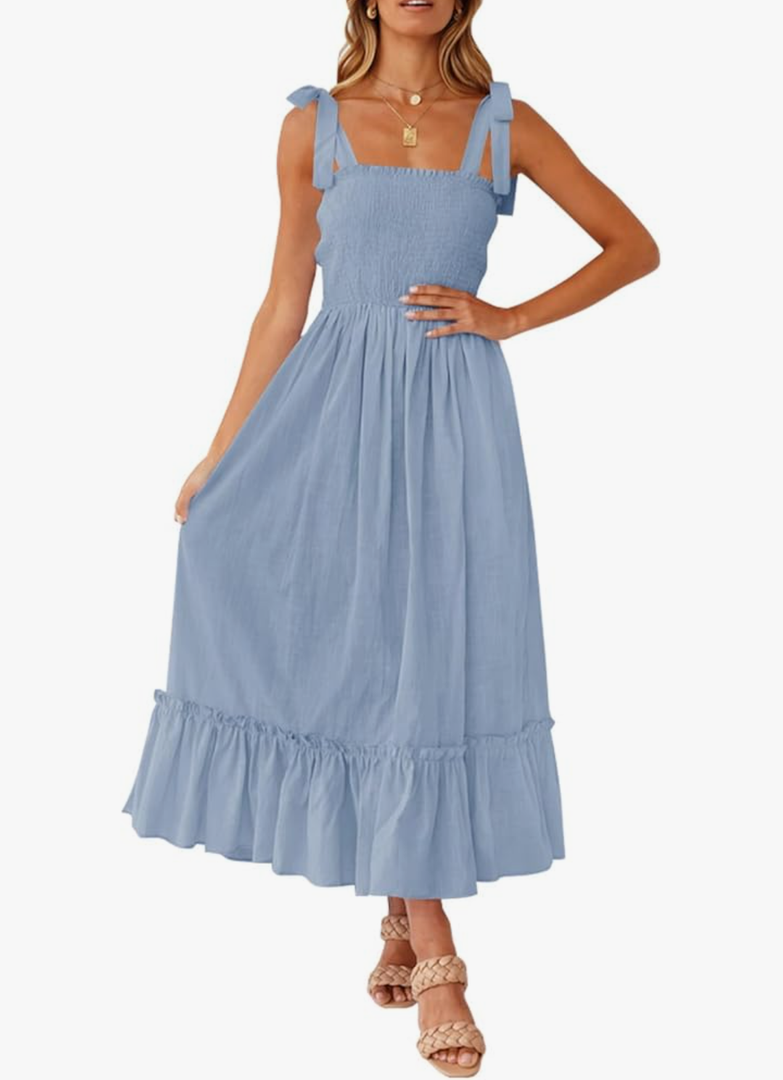 ZESICA Women's 2025 Summer Boho Spaghetti Strap Square Neck Solid Color Ruffle A Line Beach Long Maxi Dress, S