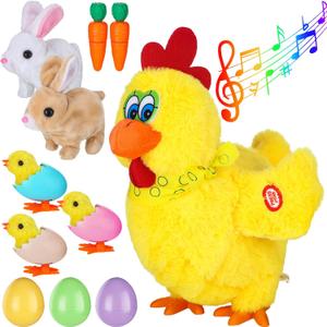 11 Pcs Easter Plush Toys Include Electric Stuffed Laying Egg Chicken Dancing with Sound Music Interactive Hopping Rabbit Walking Bunny Eggs Stuffed Animals Easter Gift
