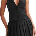 Cicy Bell Womens Summer 2 Piece Outfits V Neck Blazer Vest Matching Sets and Mini Pleated Skirts (X-Large, Black)