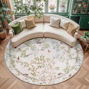 jinchan Yarden Round Rugs 8ft Ivory Botanical Birds Print Machine Washable 8' Circle Nature Plants Modern Soft Non Slip Kids Throw Area Rugs Ultra Thin Low Pile Carpet for Living Room Bedroom