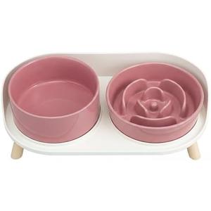 Elevated Slow Feeder Dog Bowls - Ceramic Food and Water Bowl Set with Stand - Raised Pet Dishes for Small and Medium Sized Dogs